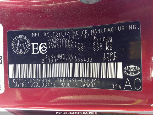 Toyota Corolla S/le 2013 2T1BU4EE4DC965433 Image 10