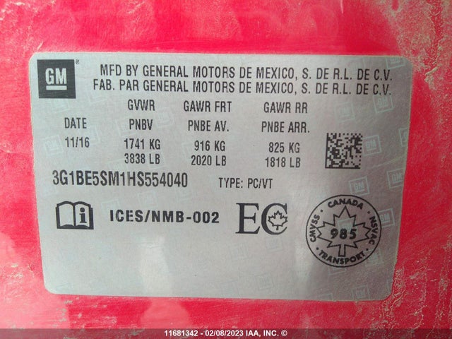 Chevrolet CRUZE LT 2017 3G1BE5SM1HS554040 Image 9