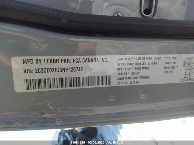 2022 Dodge Charger Gt მანქანა იყიდება აუქციონზე, vin: 2C3CDXHG5NH125742, აუქციონის ნომერი: 11681386