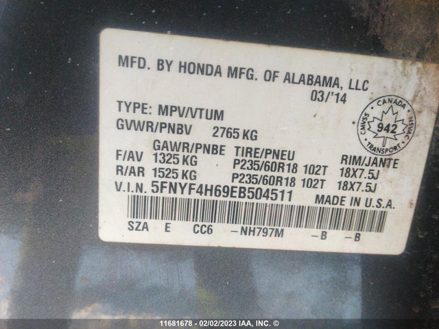Honda PILOT EXL 2014 5FNYF4H69EB504511 Image 11