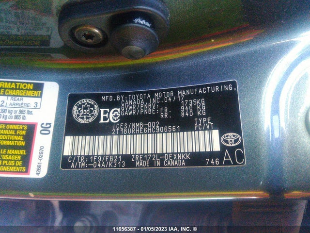 Aukcja sprzedaży 2017 Toyota Corolla L/le/xle/se/xse, vin: 2T1BURHE6HC906561, numer aukcji: 11656387