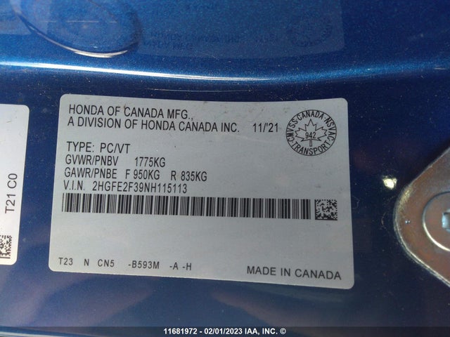 Honda Civic Ex 4dr 2022 2HGFE2F39NH115113 Image 11
