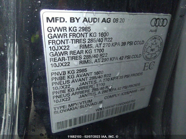 WA1AWAF15MD002750 Audi Sq8 Premium Plus