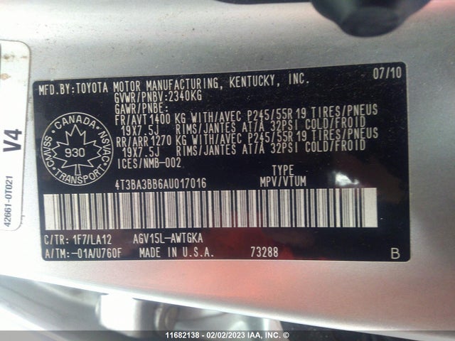 Toyota Venza 2010 4T3BA3BB6AU017016 Image 10