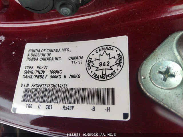 Honda Civic Lx 2012 2HGFB2E46CH014725 Image 9