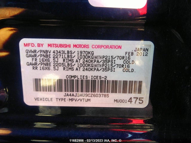 JA4AJ3AU9CZ603785 Mitsubishi RVR