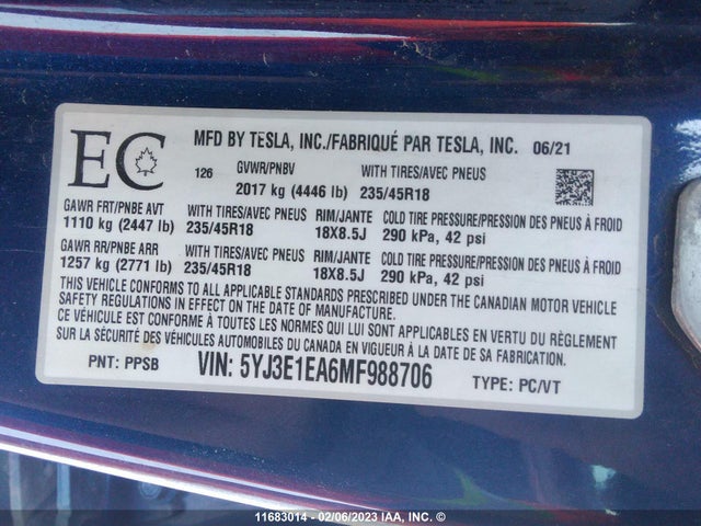 5YJ3E1EA6MF988706 Tesla MODEL 3