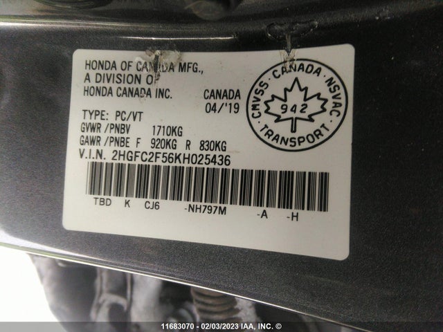 Honda Civic Lx 2019 2HGFC2F56KH025436 Image 12