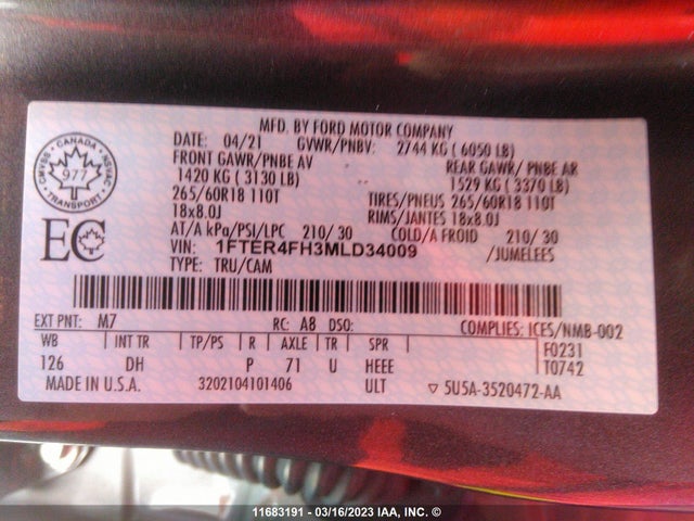 Ford Ranger Xl/xlt/lariat 2021 1FTER4FH3MLD34009 Image 9