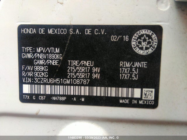 Honda HR-V EX 2016 3CZRU6H51GM108787 Image 10