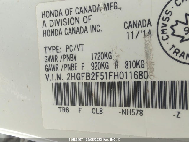 Honda Civic Lx 2015 2HGFB2F51FH011680 Image 11