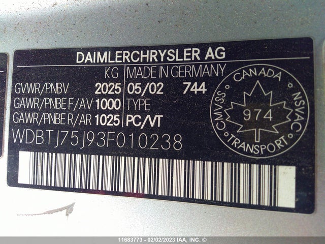 Aukcja sprzedaży 2003 Mercedes-benz Clk 500, vin: WDBTJ75J93F010238, numer aukcji: 11683773