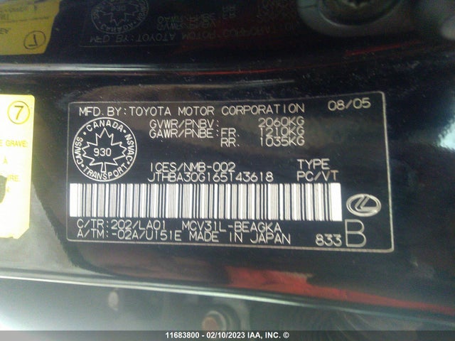 JTHBA30G165143618 Lexus ES 330
