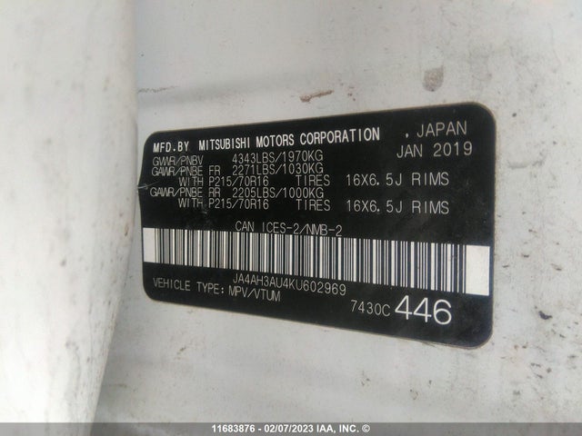 JA4AH3AU4KU602969 Mitsubishi Rvr Se/es