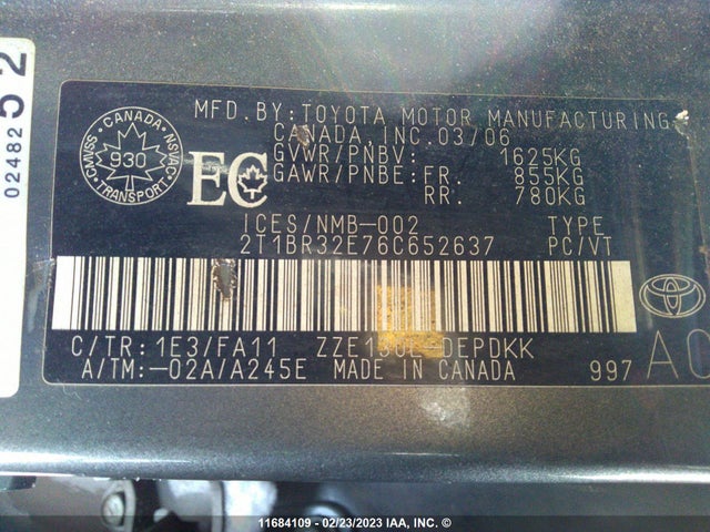 Toyota COROLLA CE/LE/S 2006 2T1BR32E76C652637 Image 10