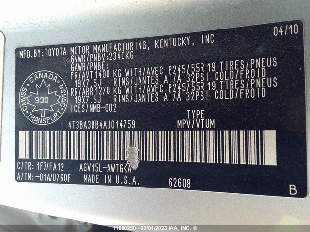 Toyota Venza 2010 4T3BA3BB4AU014759 Image 10