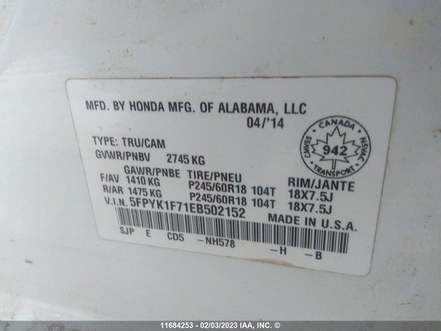 Honda Ridgeline Sport 2014 5FPYK1F71EB502152 Image 9