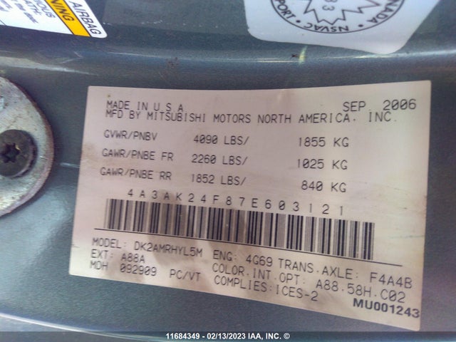 4A3AK24F87E603121 Mitsubishi ECLIPSE GS