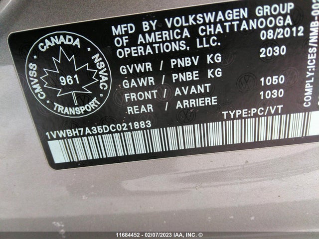 Volkswagen PASSAT SE 2013 1VWBH7A35DC021883 Image 11