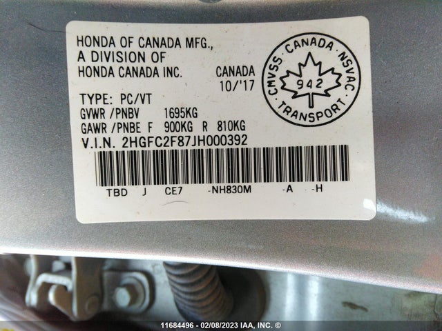 Honda Civic Ex 4dr 2018 2HGFC2F87JH000392 Image 9