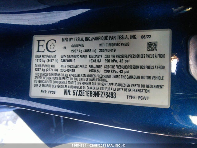 5YJ3E1EB9NF278483 Tesla MODEL 3