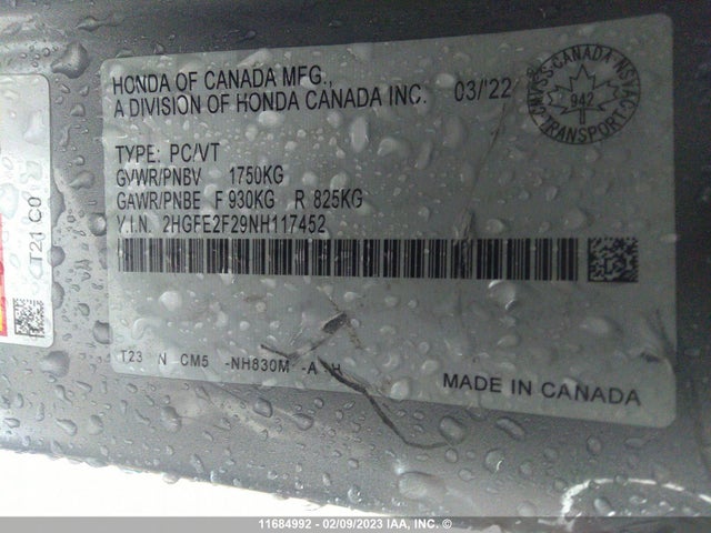 Honda Civic 2022 2HGFE2F29NH117452 Image 9