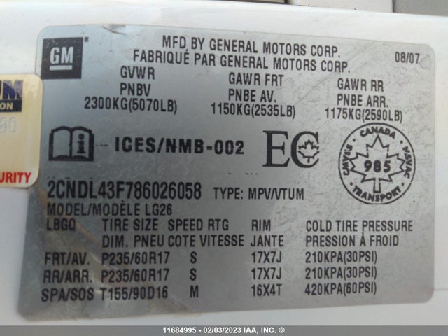 Chevrolet EQUINOX LT 2008 2CNDL43F786026058 Image 10