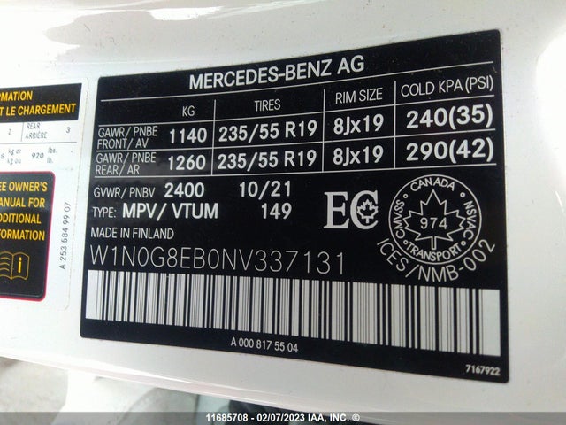 W1N0G8EB0NV337131 Mercedes-Benz m274