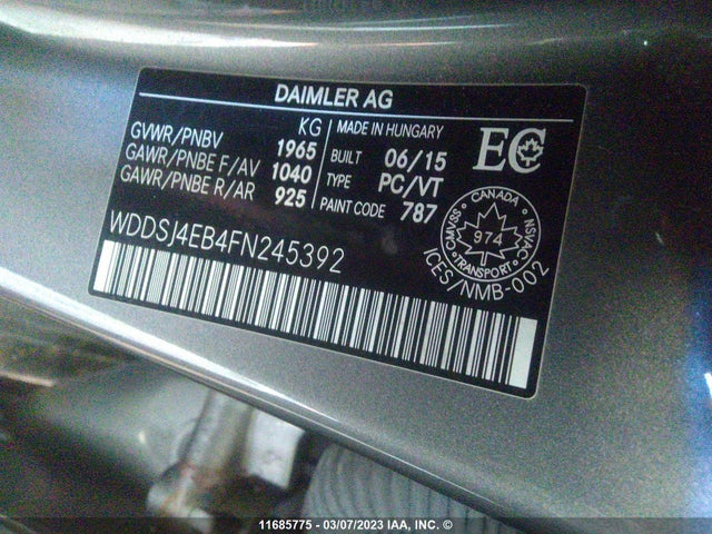 11685775 :رقم المزاد ، WDDSJ4EB4FN245392 vin ، 2015 Mercedes-benz Cla 250 مزاد بيع