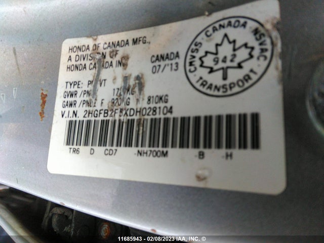 Honda Civic Lx 2013 2HGFB2F5XDH028104 Image 9