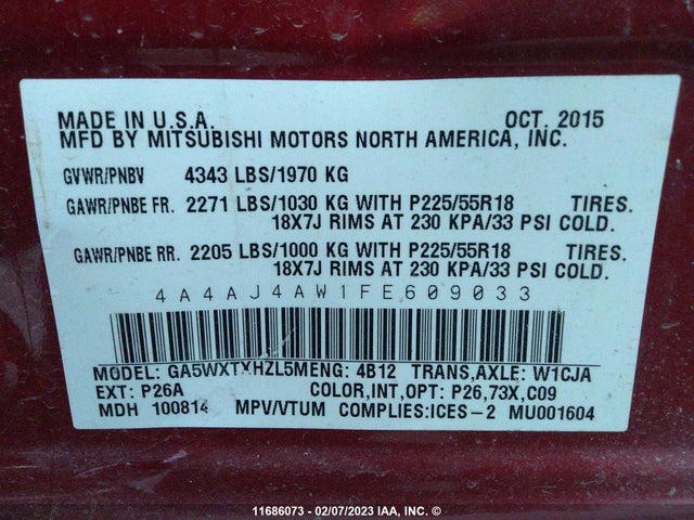 4A4AJ4AW1FE609033 Mitsubishi Rvr Gt