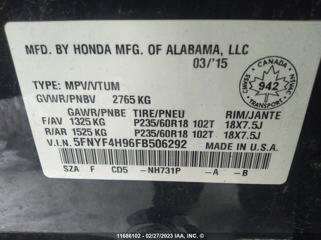 Honda Pilot Touring 2015 5FNYF4H96FB506292 Image 9