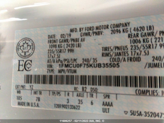 Ford ESCAPE S 2019 1FMCU0F75KUB35505 Image 10