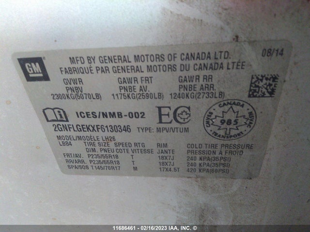 Chevrolet EQUINOX LT 2015 2GNFLGEKXF6130346 Image 9
