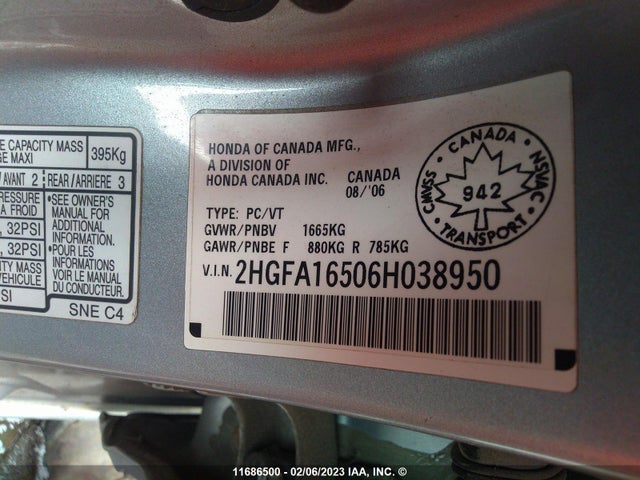 Honda Civic Lx 2006 2HGFA16506H038950 Image 10