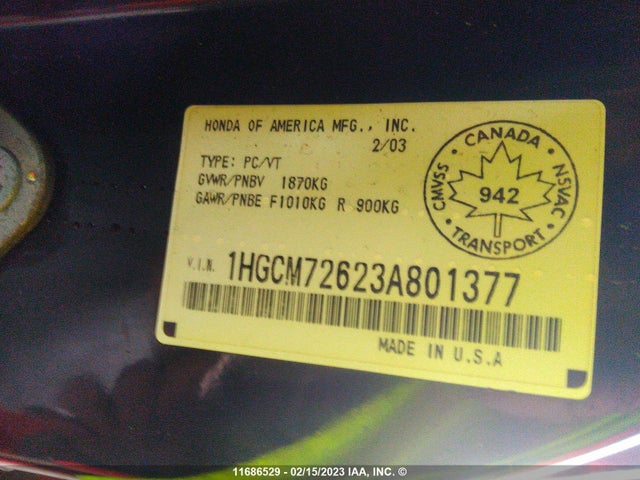 Honda ACCORD EX 2003 1HGCM72623A801377 Image 11