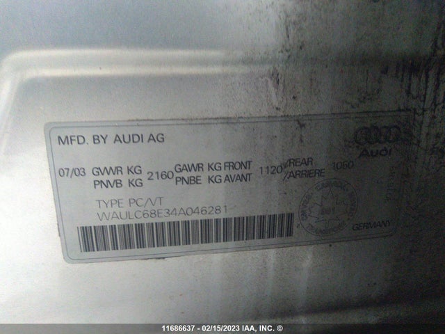 WAULC68E34A046281 Audi A4 1.8t Quattro