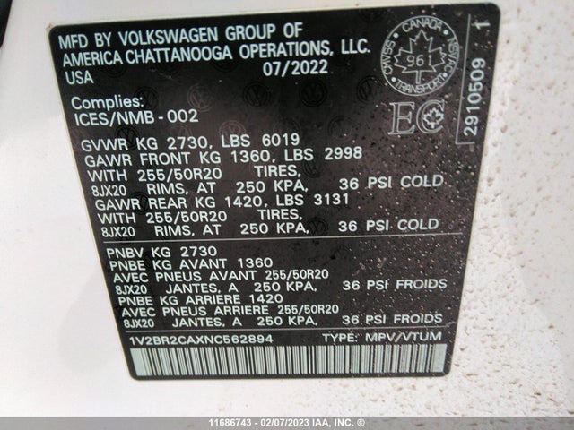 Volkswagen ATLAS SEL 2022 1V2BR2CAXNC562894 Image 10