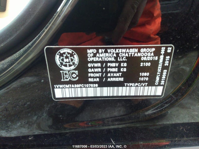 Volkswagen PASSAT SEL 2015 1VWCM7A39FC107538 Image 11