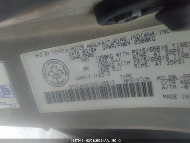 Toyota Sienna Ce/le 2004 5TDZA23C34S145817 Image 11
