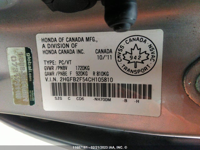 Honda Civic 2012 2HGFB2F54CH105810 Image 10