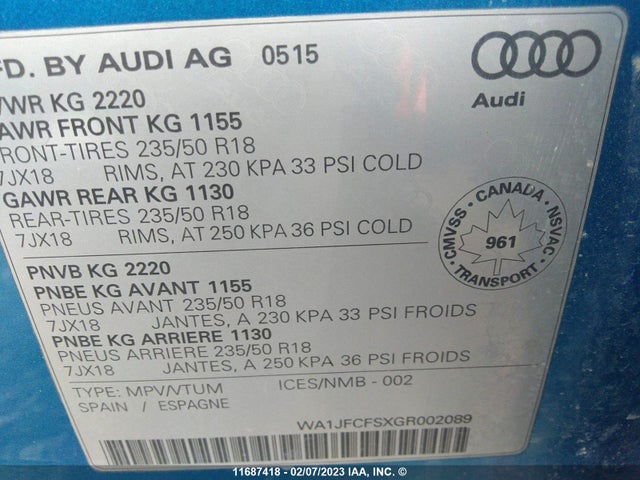 WA1JFCFSXGR002089 Audi Q3 Progressiv