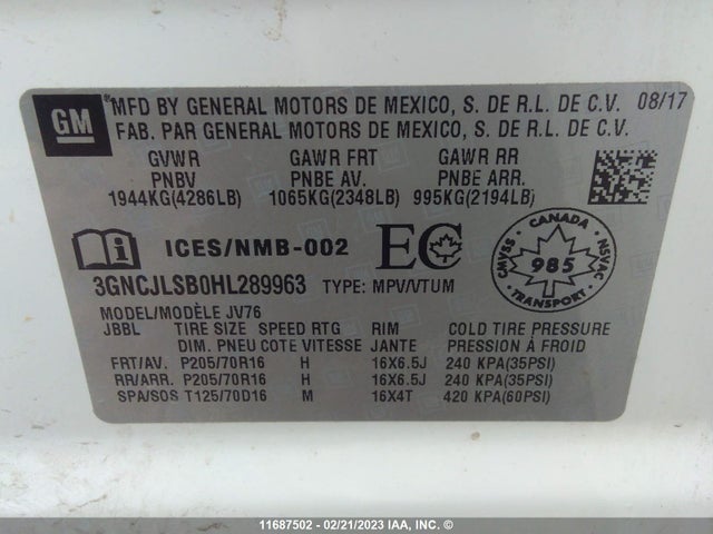 Chevrolet TRAX 1LT 2017 3GNCJLSB0HL289963 Image 10