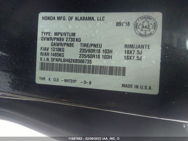 Honda ODYSSEY EXL 2019 5FNRL6H62KB506735 Image 10