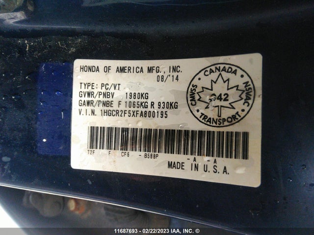 Honda Accord Sport 2015 1HGCR2F5XFA800195 Image 9