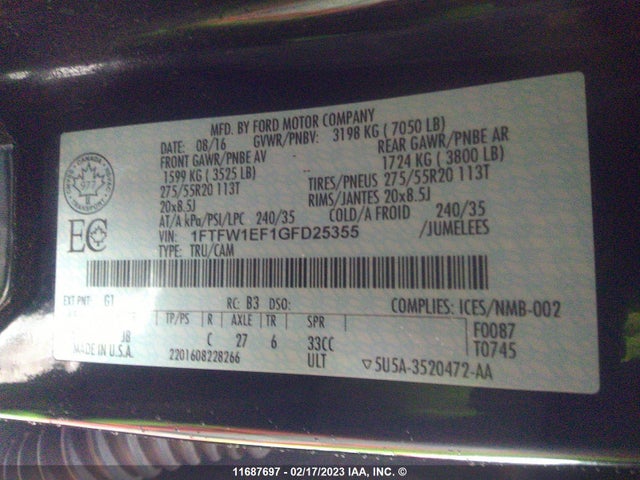 11687697 :رقم المزاد ، 1FTFW1EF1GFD25355 vin ، 2016 Ford F150 Supercrew مزاد بيع