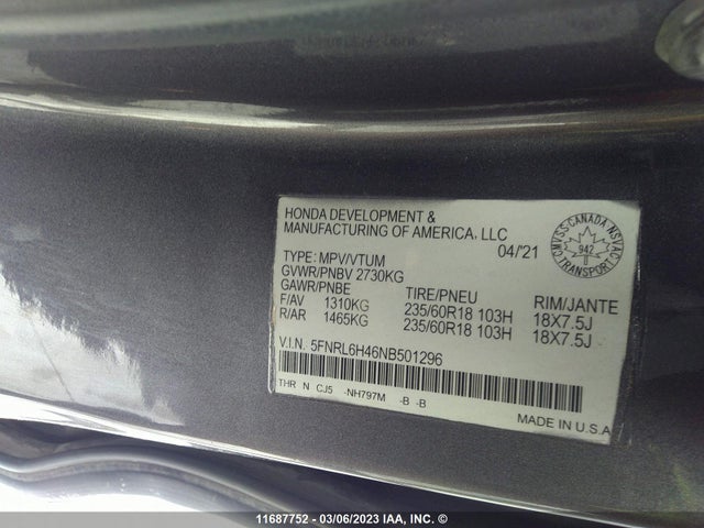 Honda ODYSSEY LX 2022 5FNRL6H46NB501296 Image 9