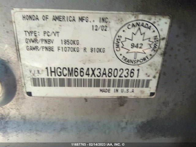 Honda ACCORD EX 2003 1HGCM664X3A802361 Image 11