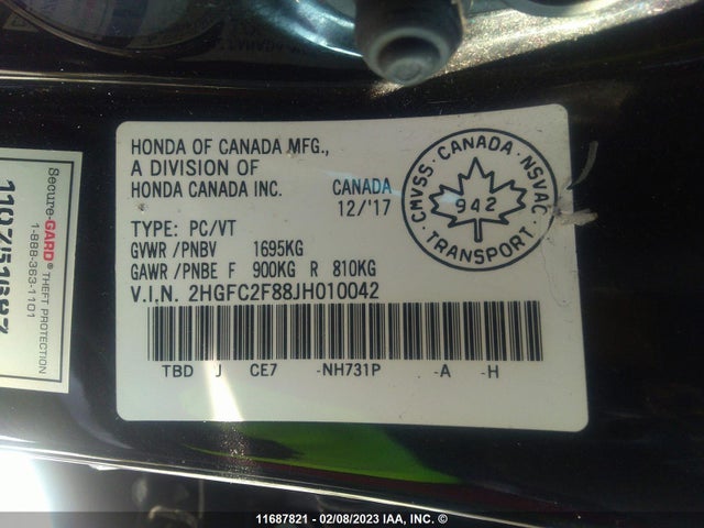 Honda CIVIC EX 2018 2HGFC2F88JH010042 Image 9