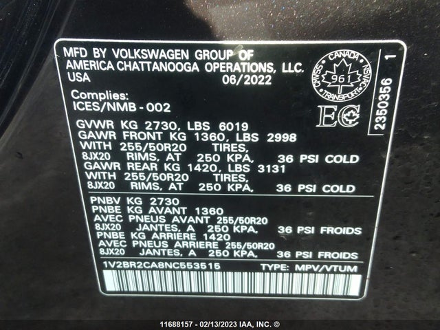Volkswagen ATLAS SEL 2022 1V2BR2CA8NC553515 Image 10